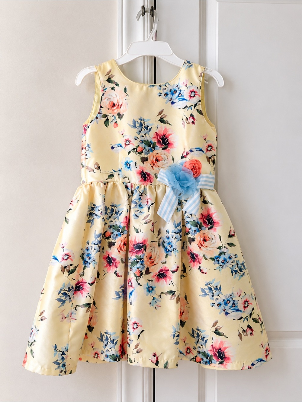 Pippa & Julie Yellow Floral Dress with Blue Bow Accent